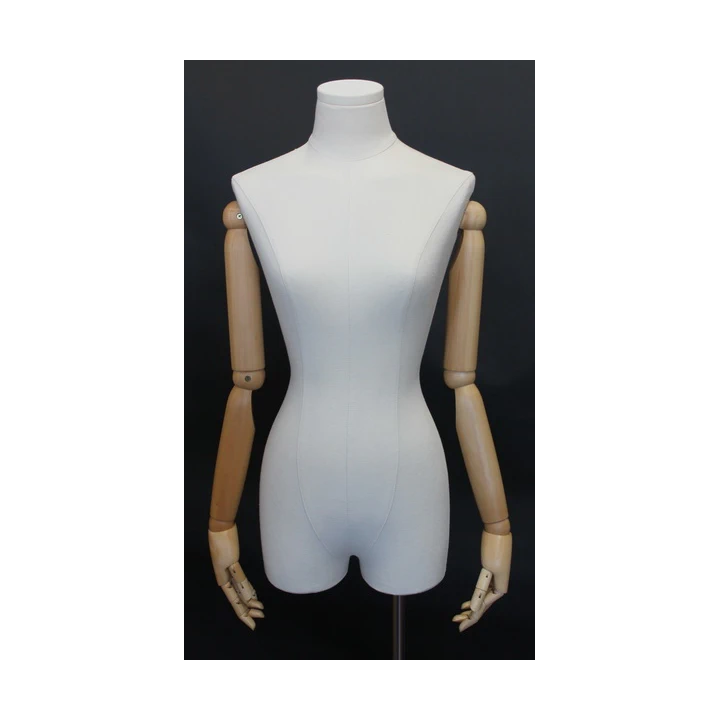BFWH-2WM - White Linen Female 3Q Body mannequin Egg Head Wooden Arms Floor Metal Base